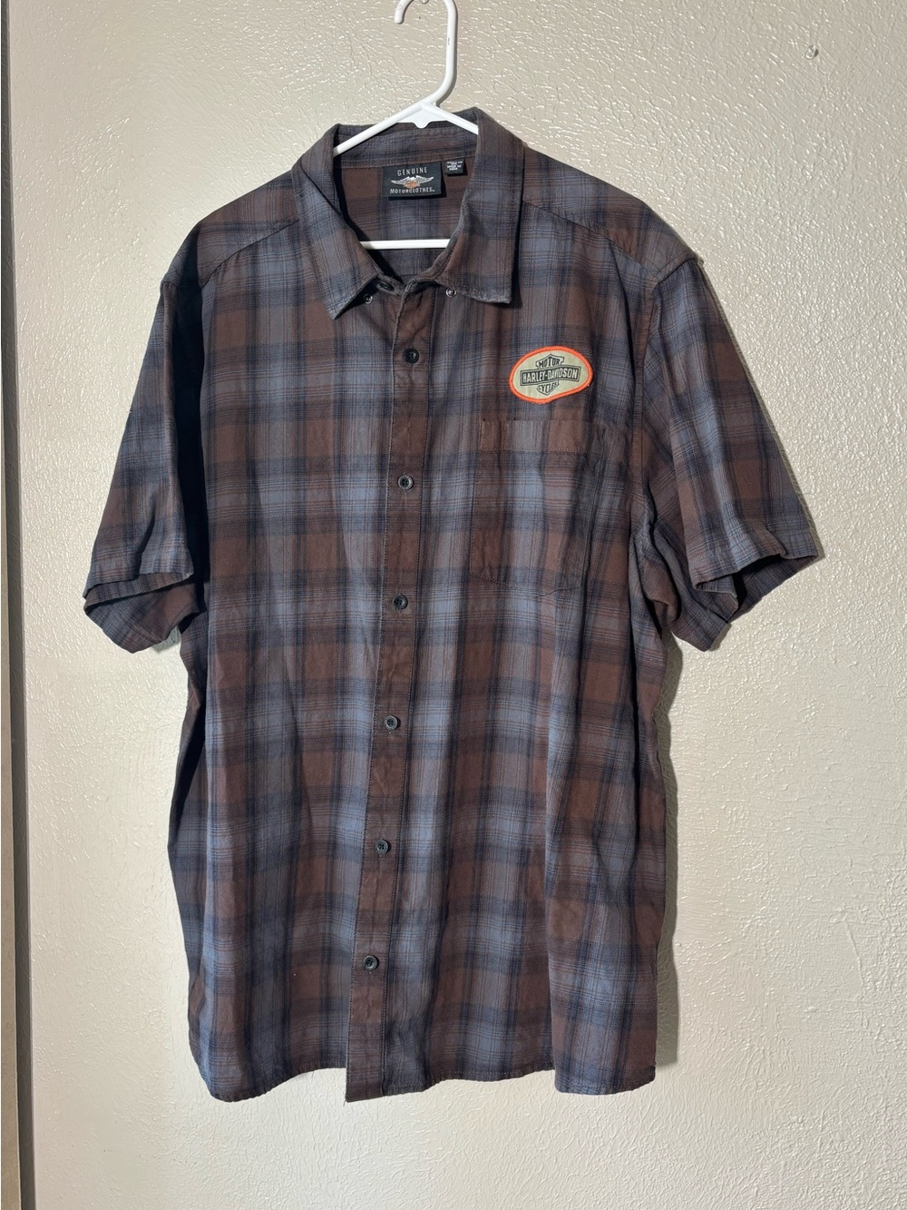 Harley-Davidson Brown and Gray Plaid Short-Sleeve Button-Down Shirt